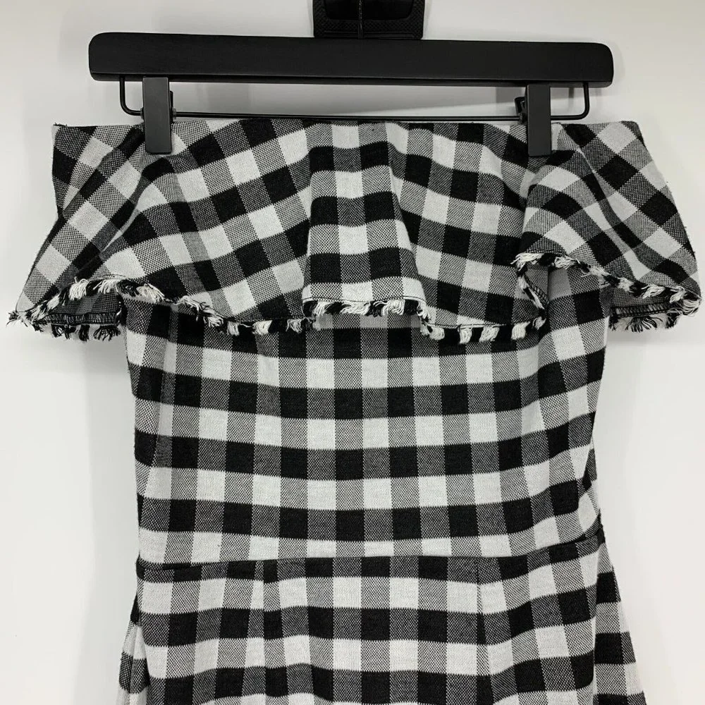 Ann Taylor Dress Gingham Print Off Shoulder Ruffle Black White - Picture 10 of 12